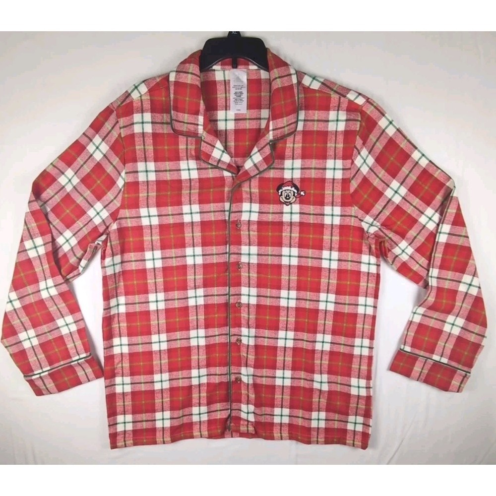 Disney Mickey Mouse Christmas Red and Green Plaid Fabric Pajama Top Size XL